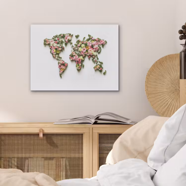 Wereldkaart - Kleurrijk - Bloemen - Lente PET vilt klein -sfeer3