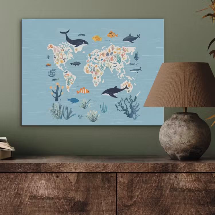 Wereldkaart - Zeeleven - Blauw PET vilt klein -sfeer2
