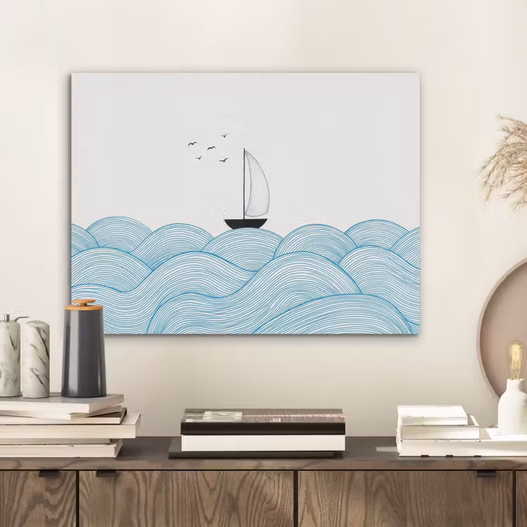 Zeilboot - Golven - Zee - Illustratie - Blauw PET vilt klein -sfeer1