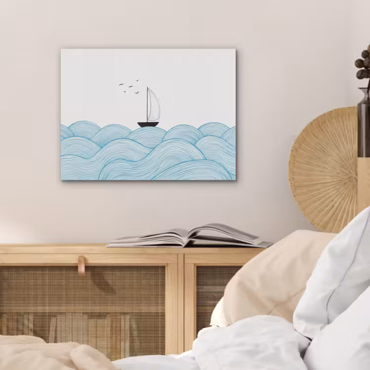 Zeilboot - Golven - Zee - Illustratie - Blauw PET vilt klein -sfeer3
