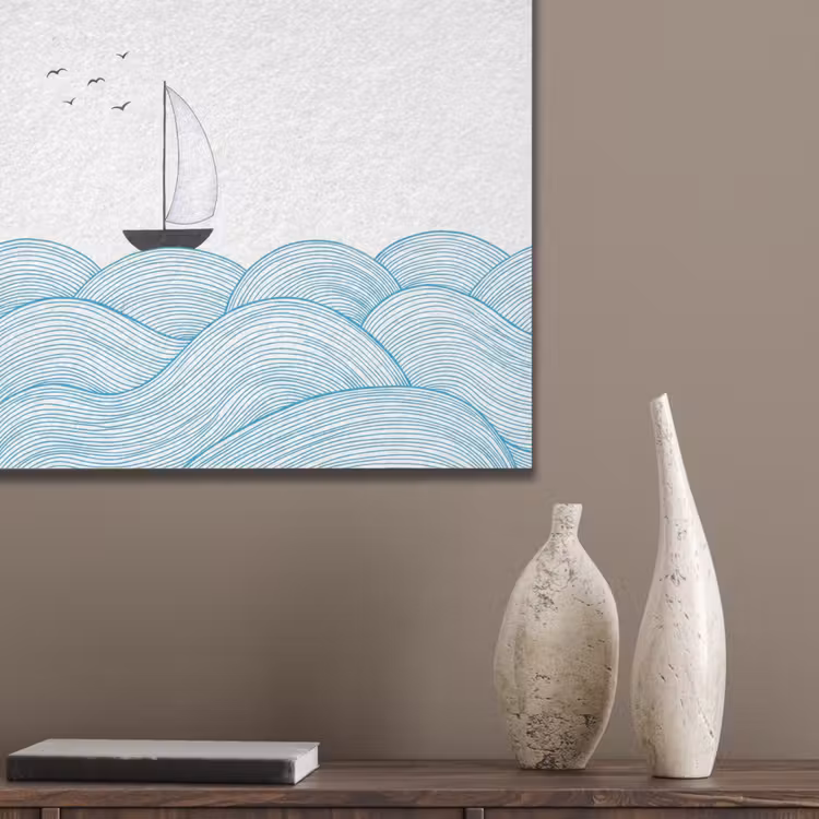 Zeilboot - Golven - Zee - Illustratie - Blauw PET vilt klein -sfeer6_closeup