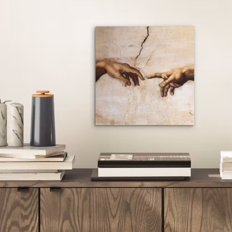 Adam - Michelangelo - Schilderij - Creation of Adam aluminium wit klein -sfeer1