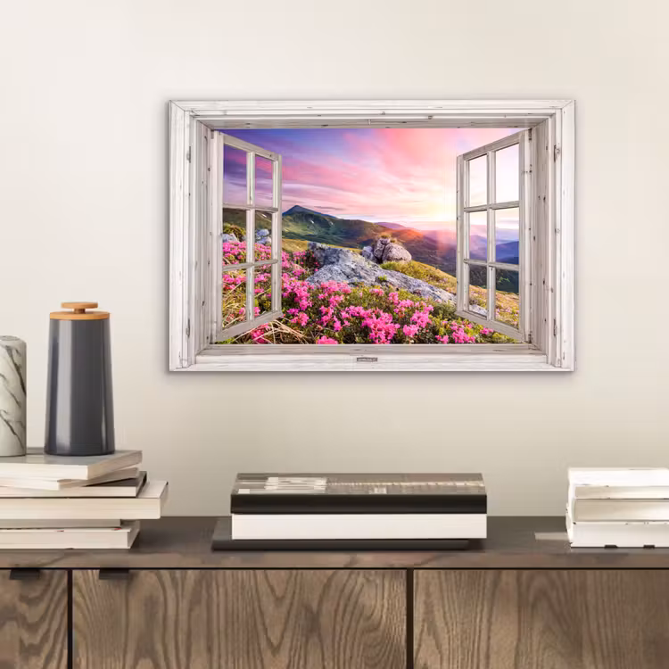 Bergen - Landschap - Doorkijk - Bloemen - Avond - Roze aluminium wit klein -sfeer1