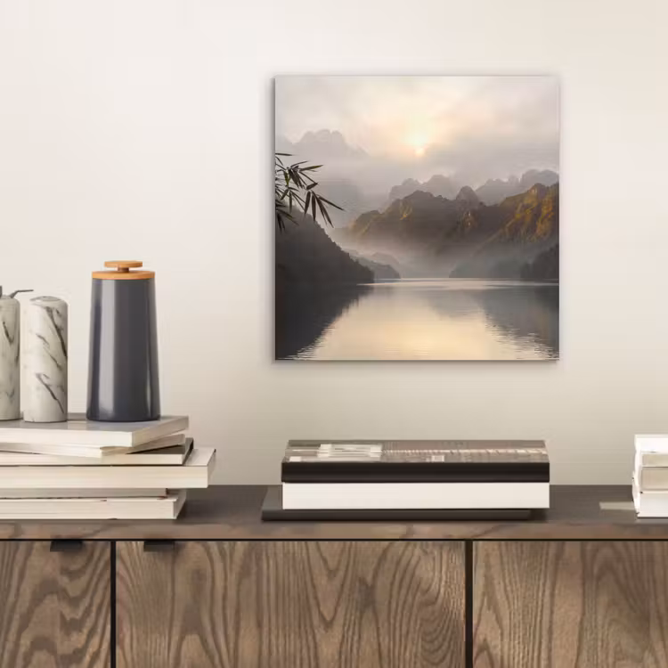 Bergen - Water - Mist - Natuur - Landschap aluminium wit klein -sfeer1