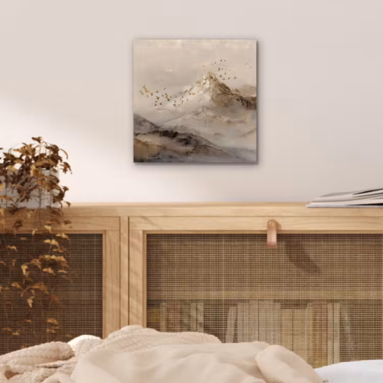 Berglandschap - Mist  - Penseelstreken aluminium wit klein -sfeer3