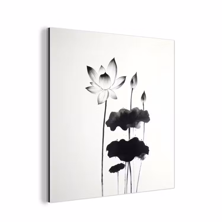 Bladeren - Zwart - Lotusbloem - Minimalitisch aluminium wit klein -3d