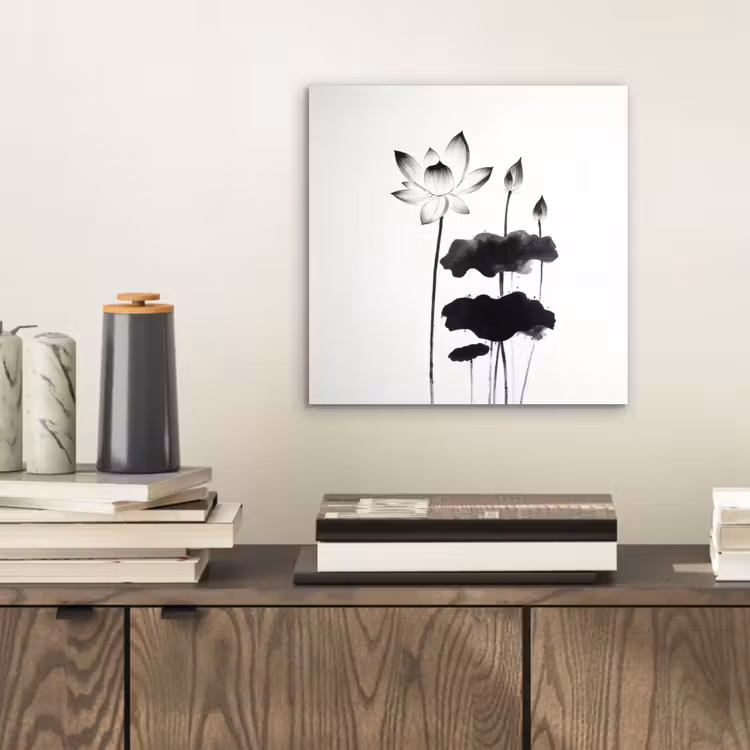 Bladeren - Zwart - Lotusbloem - Minimalitisch aluminium wit klein -sfeer1