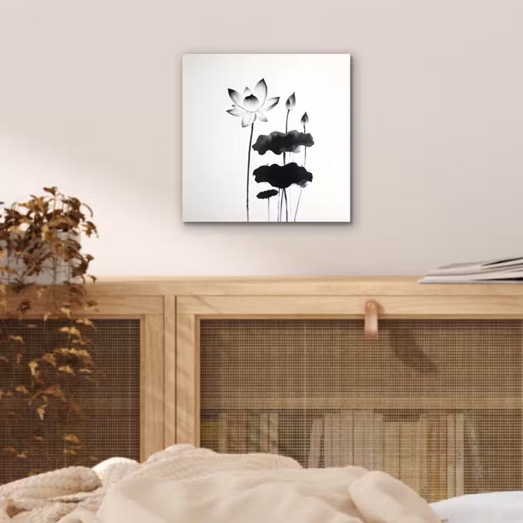 Bladeren - Zwart - Lotusbloem - Minimalitisch aluminium wit klein -sfeer3
