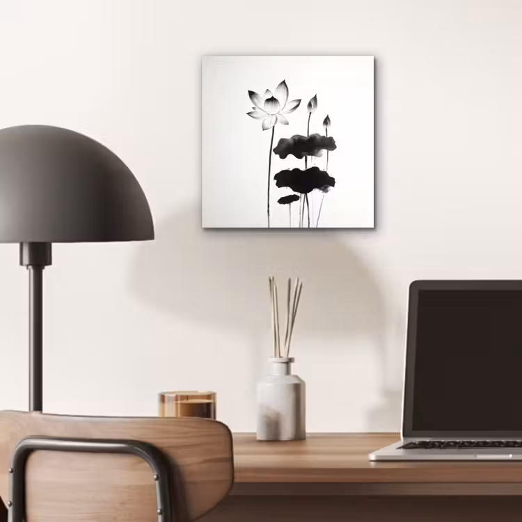 Bladeren - Zwart - Lotusbloem - Minimalitisch aluminium wit klein -sfeer5