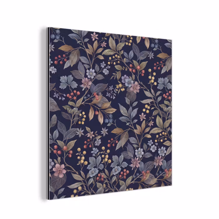Bloemen - Bladeren - Patroon - Botanisch - Donkerblauw aluminium wit klein -3d