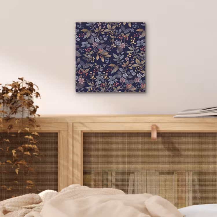 Bloemen - Bladeren - Patroon - Botanisch - Donkerblauw aluminium wit klein -sfeer3
