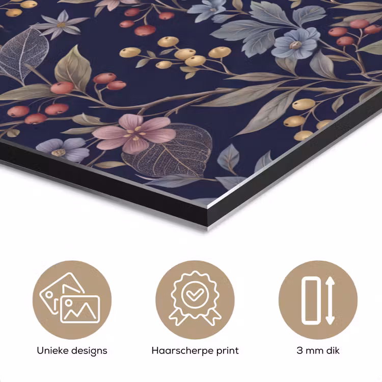 Bloemen - Bladeren - Patroon - Botanisch - Donkerblauw aluminium wit klein -closeup_NL