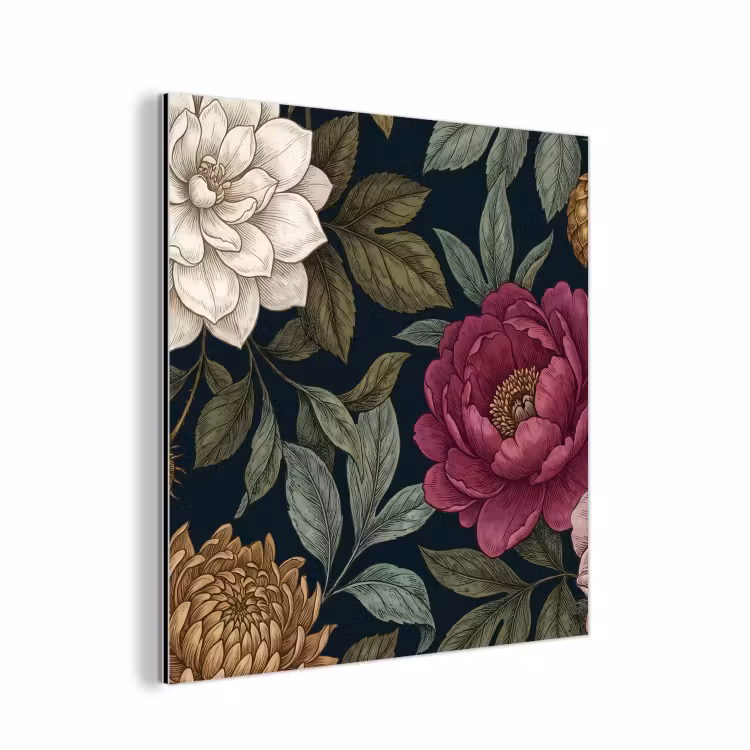 Bloemen - Botanisch - Illustratie - Donker - Vintage aluminium wit klein -3d