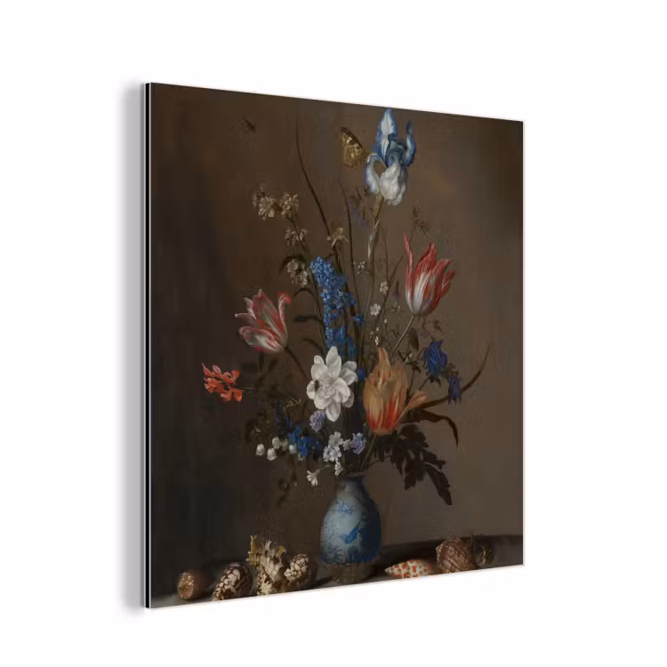 Bloemen in een Wan-Li vaas en schelpen - Schilderij van Balthasar van der Ast aluminium wit klein -3d