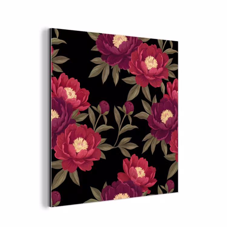 Bloemen - Patroon - Botanisch - Rood - Zwart aluminium wit klein -3d