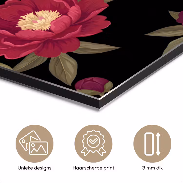 Bloemen - Patroon - Botanisch - Rood - Zwart aluminium wit klein -closeup_NL