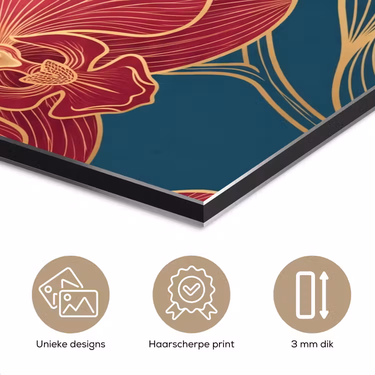 Aluminium schilderij - Bloemen - Rood - Goud - Bloemen - Rood - Goud aluminium wit klein