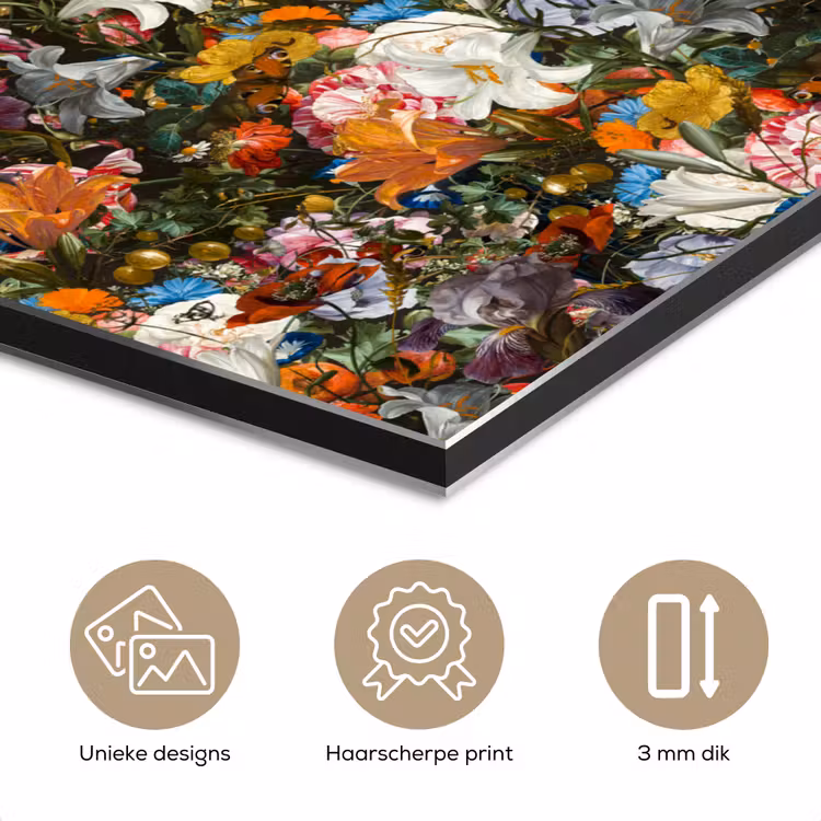 Bloemen - Vlinder - Design - Kunst - Abstract - Schilderij - Oude meesters aluminium wit klein -closeup_NL