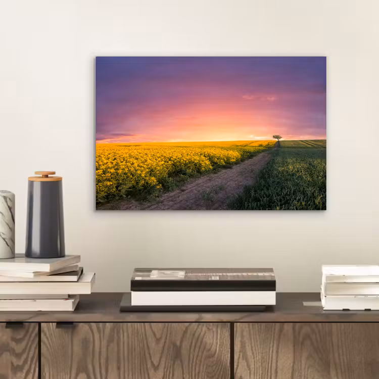 Bloemen - Weg - Lucht - Geel - Paars - Zonsondergang - Natuur aluminium wit klein -sfeer1