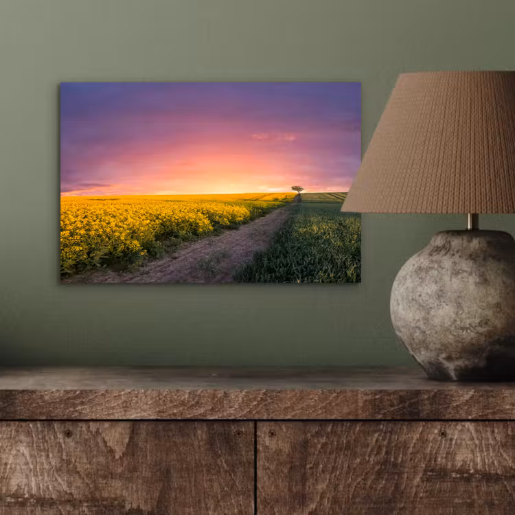 Bloemen - Weg - Lucht - Geel - Paars - Zonsondergang - Natuur aluminium wit klein -sfeer2