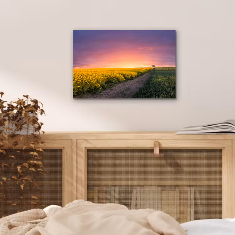 Bloemen - Weg - Lucht - Geel - Paars - Zonsondergang - Natuur aluminium wit klein -sfeer3
