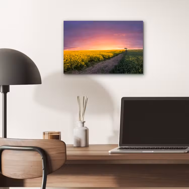Bloemen - Weg - Lucht - Geel - Paars - Zonsondergang - Natuur aluminium wit klein -sfeer5