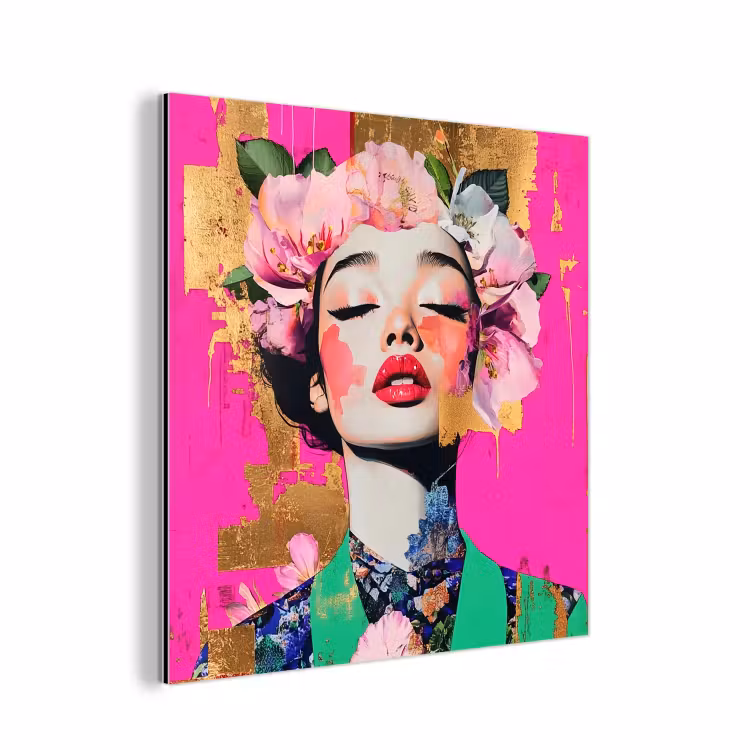 Bloemenkroon - Goud - Vrouw - Portret aluminium wit klein -3d