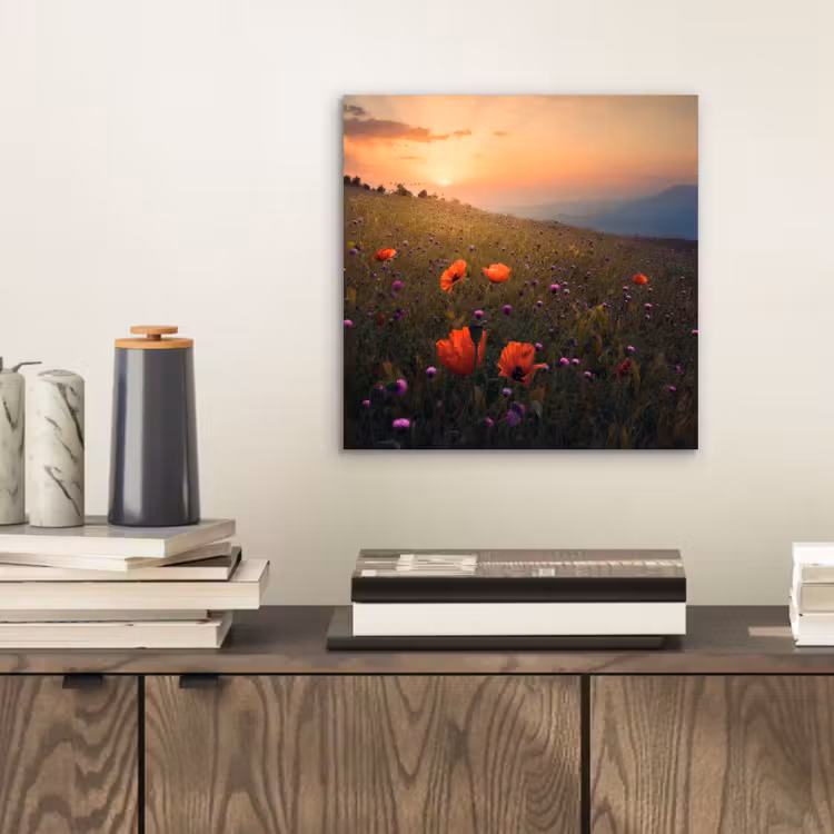 Bloemenveld - Gras - Bloemen - Planten - Zonsondergang - Oranje aluminium wit klein -sfeer1