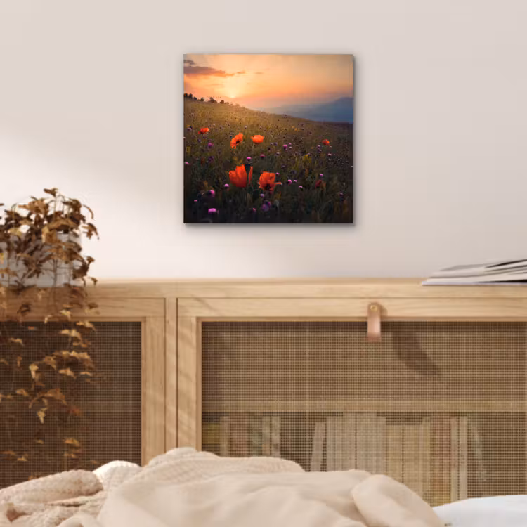 Bloemenveld - Gras - Bloemen - Planten - Zonsondergang - Oranje aluminium wit klein -sfeer3