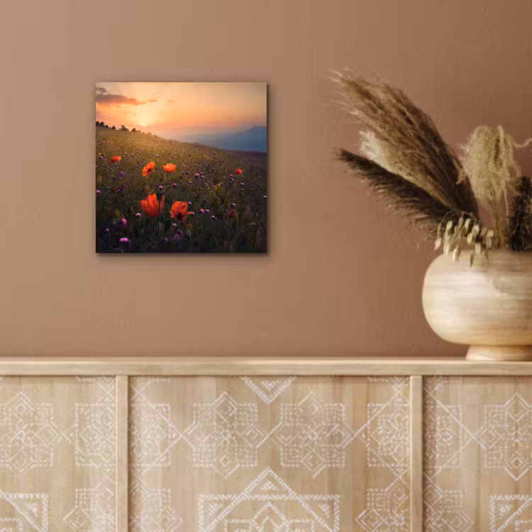 Bloemenveld - Gras - Bloemen - Planten - Zonsondergang - Oranje aluminium wit klein -sfeer4