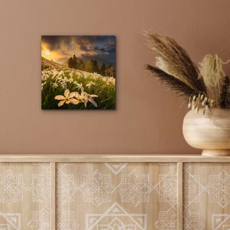 Bloemenveld - Heuvels - Zonsondergang - Berg - Natuur - Wit - Heuvels aluminium wit klein -sfeer4