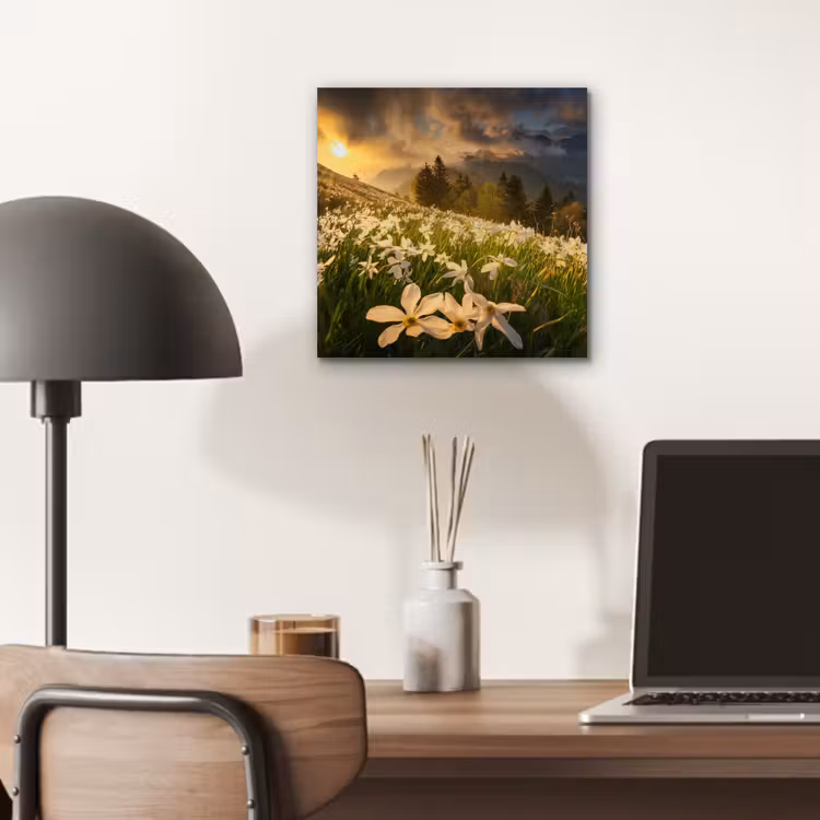 Bloemenveld - Heuvels - Zonsondergang - Berg - Natuur - Wit - Heuvels aluminium wit klein -sfeer5