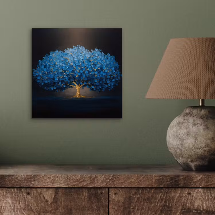 Boom - Blauw - Bladeren - Penseelstreken aluminium wit klein -sfeer2