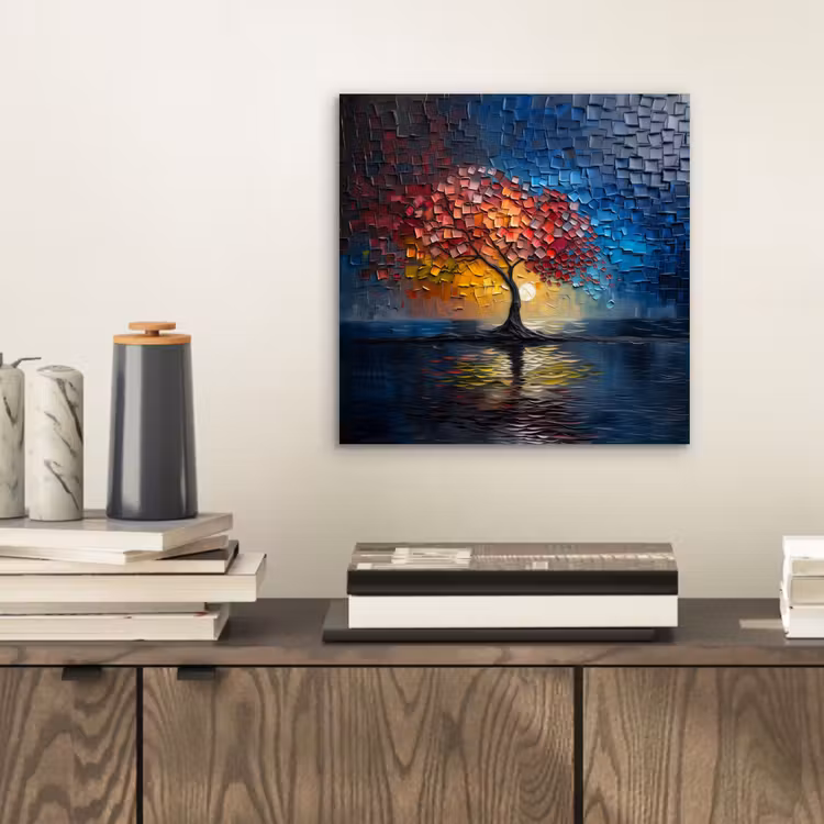 Boom - Blauw - Bladeren - Vakken aluminium wit klein -sfeer1