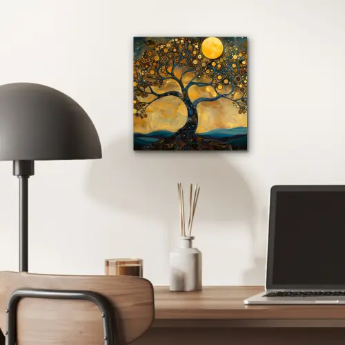 Boom - Maan - Bloemen - Goud - Kunst aluminium wit klein -sfeer5