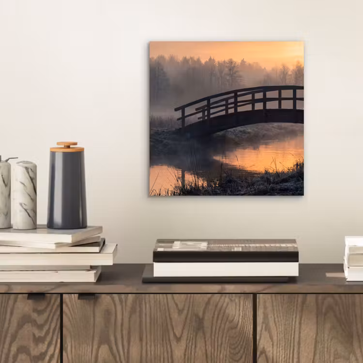 Brug - Mist - Bomen - Water aluminium wit klein -sfeer1