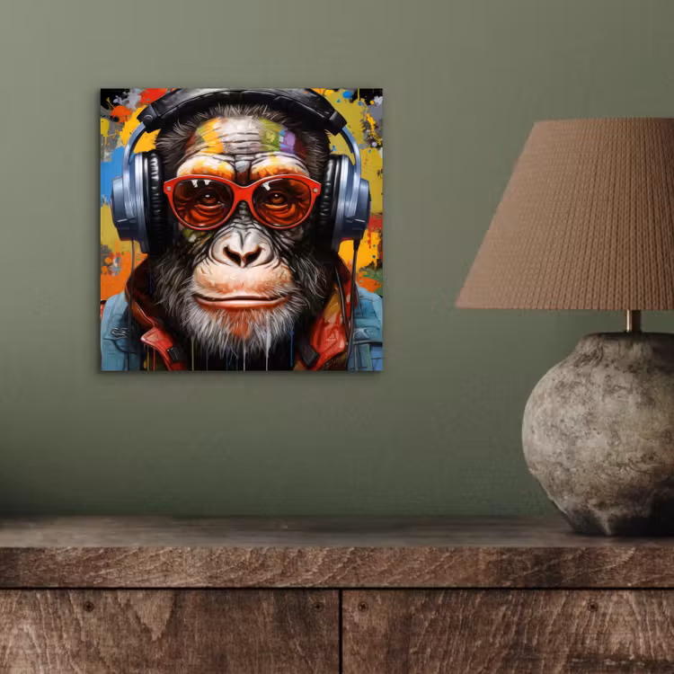 Chimpansee - Aap - dieren - Graffiti - Bril - Koptelefoon - Kleuren aluminium wit klein -sfeer2