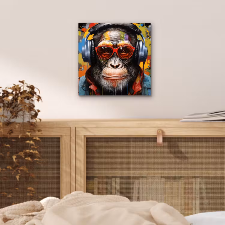 Chimpansee - Aap - dieren - Graffiti - Bril - Koptelefoon - Kleuren aluminium wit klein -sfeer3