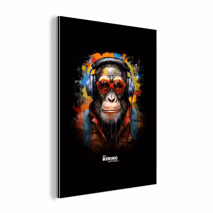 Chimpansee met koptelefoon en graffiti-spray aluminium wit klein -3d