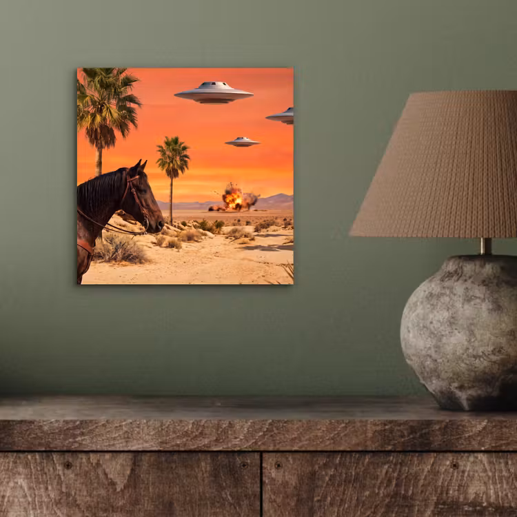 Aluminium schilderij - Cowboy - Paard - Woestijn - Cowboy - Paard - Woestijn aluminium wit klein