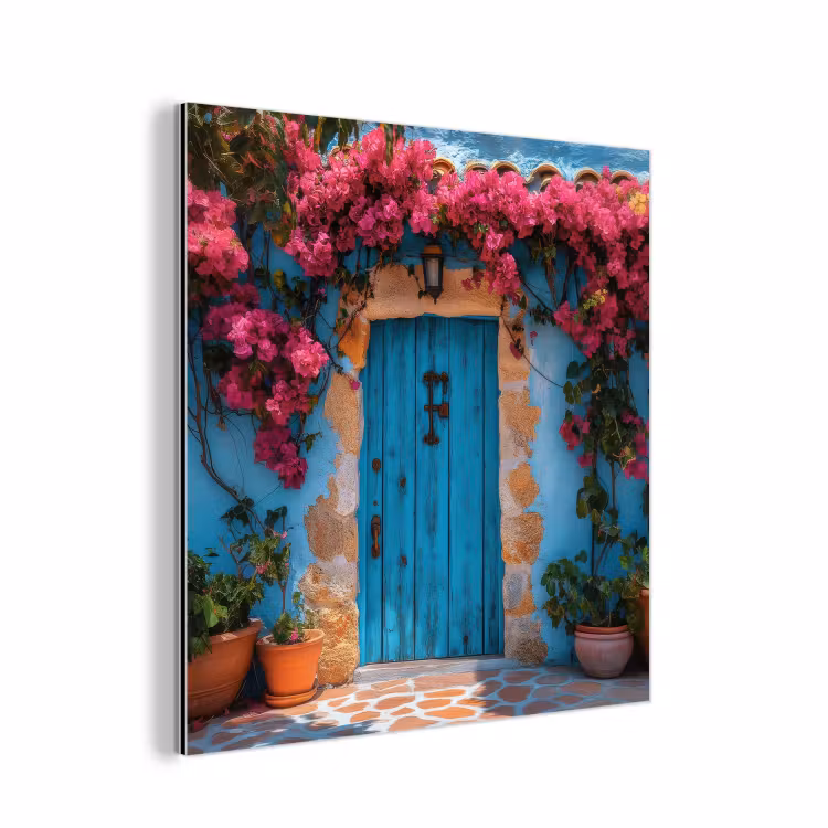 Deur - Hout - Bloemen - Blauw aluminium wit klein -3d