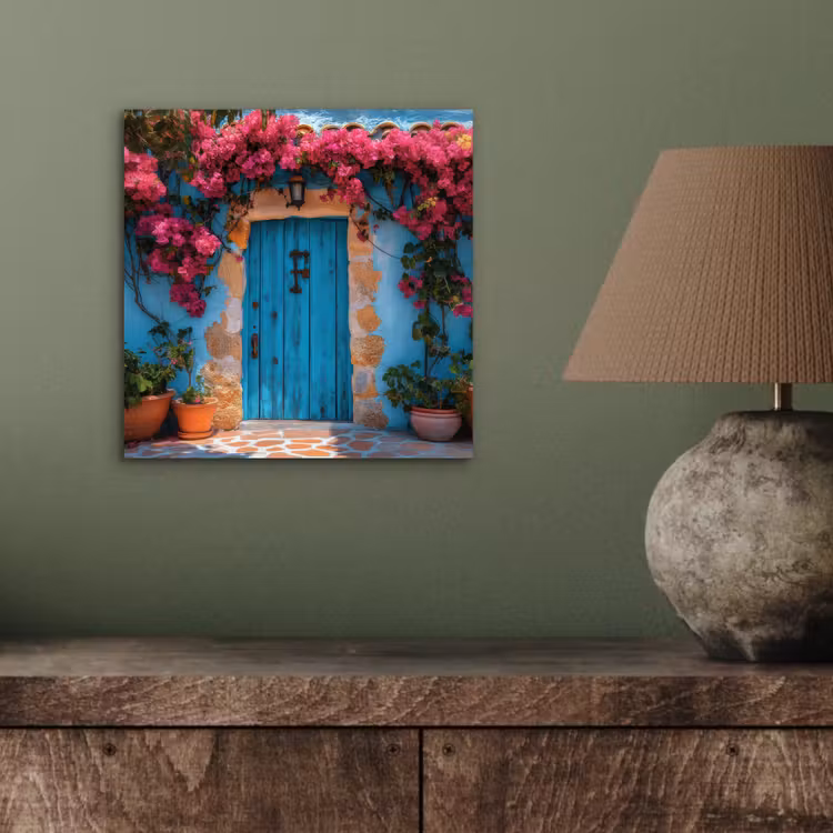 Deur - Hout - Bloemen - Blauw aluminium wit klein -sfeer2
