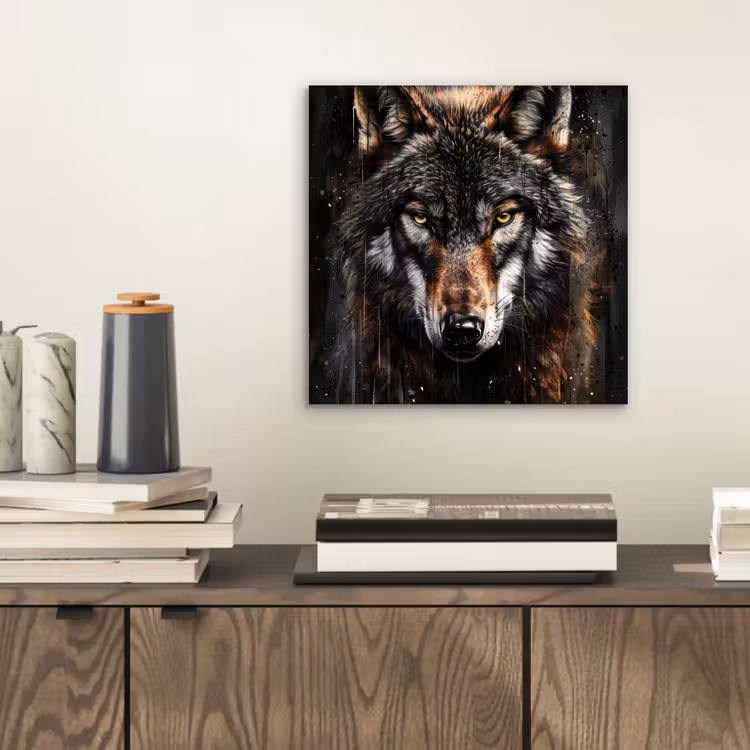 Dieren - Wolf - Portret - Zwart - Bruin aluminium wit klein -sfeer1