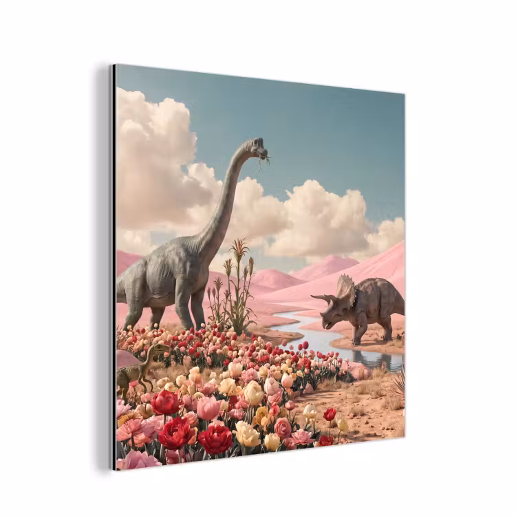 Aluminium schilderij - Dinosaurus - Roze - Landschap - Dinosaurus - Roze - Landschap aluminium wit klein