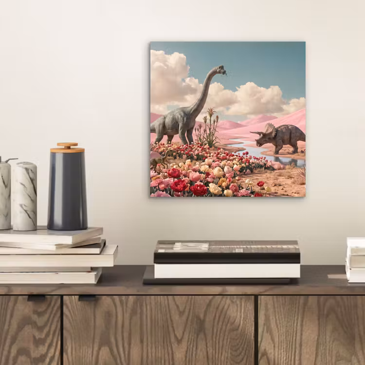 Aluminium schilderij - Dinosaurus - Roze - Landschap - Dinosaurus - Roze - Landschap aluminium wit klein