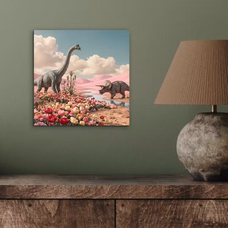 Aluminium schilderij - Dinosaurus - Roze - Landschap - Dinosaurus - Roze - Landschap aluminium wit klein