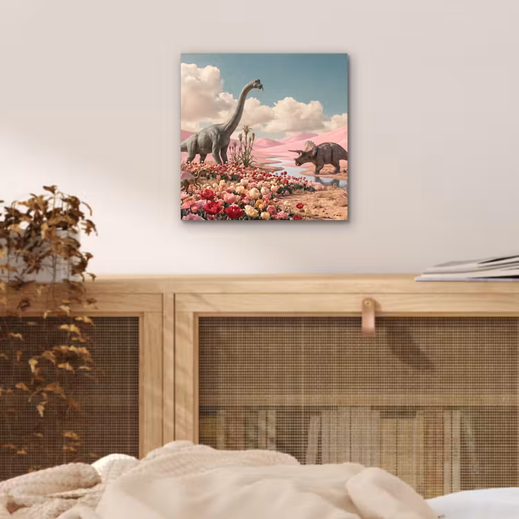 Aluminium schilderij - Dinosaurus - Roze - Landschap - Dinosaurus - Roze - Landschap aluminium wit klein