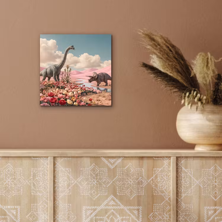 Aluminium schilderij - Dinosaurus - Roze - Landschap - Dinosaurus - Roze - Landschap aluminium wit klein