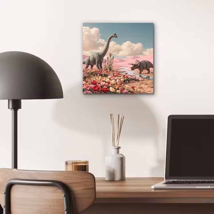 Aluminium schilderij - Dinosaurus - Roze - Landschap - Dinosaurus - Roze - Landschap aluminium wit klein