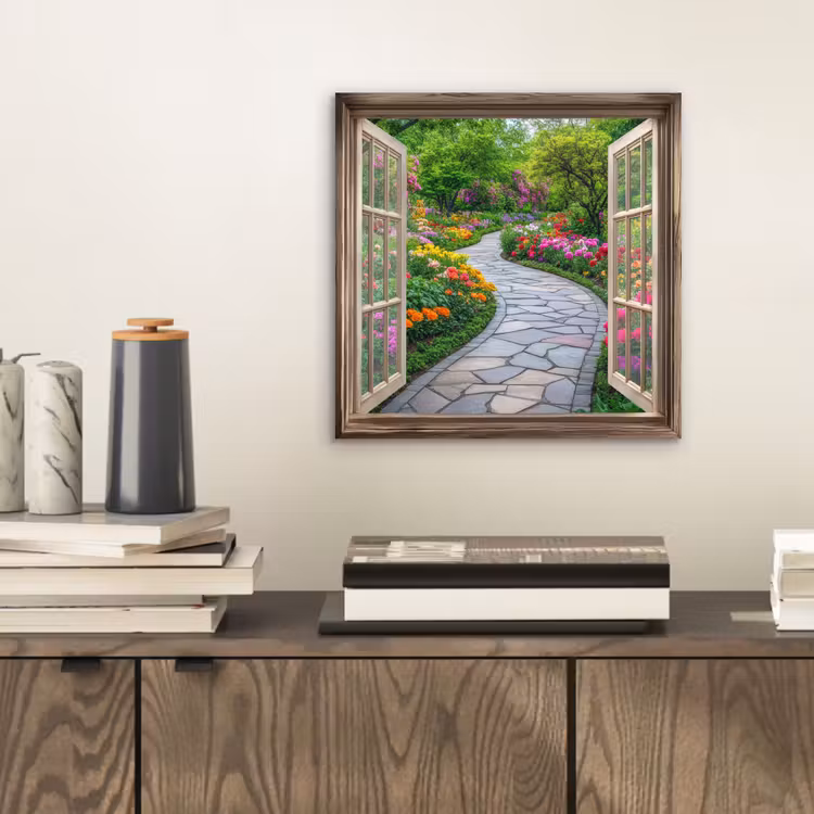 Doorkijk - Bloemen - Tuinpad - Natuur - Raam aluminium wit klein -sfeer1